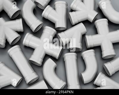 PVC-Wasserrohranschlussteile auf grauem Hintergrund. 3D Abbildung. Stockfoto