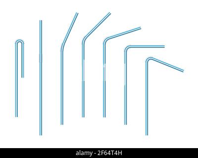 Vector realistische Trinkhalme gestreift für Milchgetränke, Cocktails oder Alkohol. Set von weiß-blauen Trinkhalmen isoliert mit verschiedenen Biegungen. 3D Temp Stock Vektor
