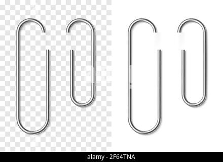 Set aus silbernen Metallic realistische Büroklammer auf weißem und transparentem Hintergrund. Büroklammern mit weichem Schatten. Vorlage für Ihr Design Stock Vektor