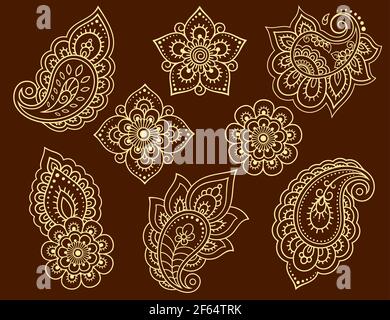 Set Mehndi Blumenmuster für Henna Zeichnung und Tattoo. Dekoration in ethnischem orientalischem, indischem Stil. Kritzelschmuck. Umriss Hand zeichnen Vektor-illuu Stockfoto