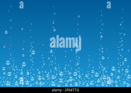 Vektor Unterwasser Luftblasen Textur isoliert auf blauem Hintergrund. Weiße sprudelnde Blasen im Aquarium, Champagner oder Brausetrink. 3D transparent Stock Vektor