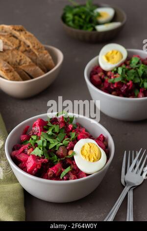 Russischer Salat Vinaigrette in Tellern mit gekochtem Ei und schwarzem Brot, Salat aus gekochten Kartoffeln und Karotten, Rote Beete und eingelegtem Gemüse, Gurke Stockfoto