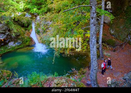 Menschen und Wasserfall und Buchenwald. Stockfoto