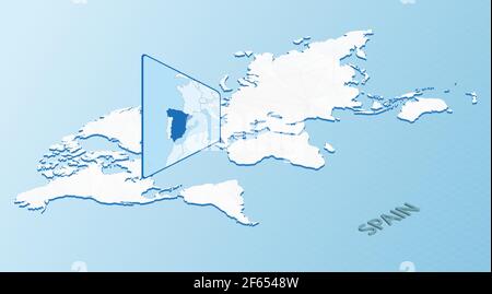 Weltkarte im isometrischen Stil mit detaillierter Karte von Spanien. Hellblaue Spanien Karte mit abstrakter Weltkarte. Vektorgrafik. Stock Vektor