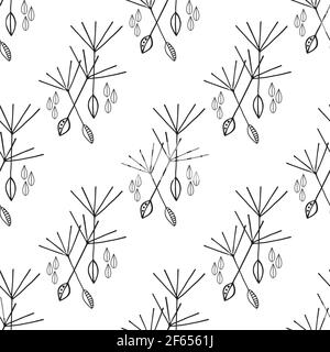 Löwenzahn Samen nahtlose Vektor Muster Hintergrund. Schwimmende Volkskunst Stil Blumensträuße von herbacious Garten oder Feld Wildblumen schwarz weißen Hintergrund Stock Vektor