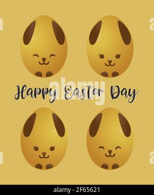 Frohe ostern Tag Text über 4 Cartoon Illustrator Ostereier Mit Hasengesicht auf gelbem Hintergrund Stock Vektor
