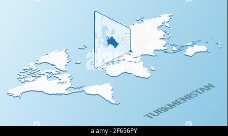 Weltkarte im isometrischen Stil mit detaillierter Karte von Turkmenistan. Hellblaue Turkmenistan Karte mit abstrakter Weltkarte. Vektorgrafik. Stock Vektor