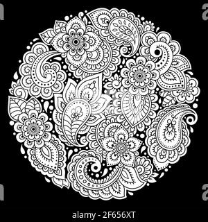 Umriss runde Blume Muster im mehndi Stil zum Ausmalen Buchseite. Antistress für Erwachsene und Kinder. Doodle Ornament in schwarz und weiß. Handziehen Stockfoto