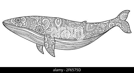 Wal ist ein Meeressäuger aus einem floralen Muster mit orientalischen Ornamenten. Handgezeichnetes dekoratives Tier im Doodle-Stil. Stilisierte Dekoration von Mehndi fo Stockfoto