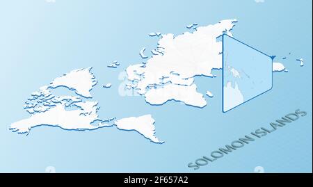 Weltkarte im isometrischen Stil mit detaillierter Karte der Salomonen. Hellblaue Salomonen Karte mit abstrakter Weltkarte. Vektorgrafik. Stock Vektor