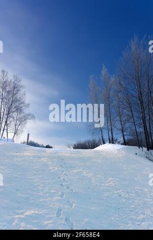 Reihe von Fußabdrücken auf einem Berghang in frischen bedeckt Weißer Schnee an einem schönen kalten sonnigen Wintertag mit Blauer Himmel, der von unten auf Bäume blickt Stockfoto