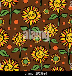Nahtlose Vektor-Muster mit Cartoon Sonnenblumen auf braunem Hintergrund. Smiley Face Blume Tapete Design. Florale Mode im Retro-Stil. Stock Vektor