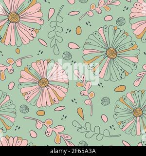 Nahtloses Vektor-Muster mit romantischen Blumen auf blauem Hintergrund. Schlichtes türkisblaues Tapetenmuster. Dekorative Blume Wiese Mode Textil. Stock Vektor