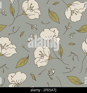 Nahtloses Vektor-Muster mit weißen Blumen auf grauem Hintergrund. Handgezeichnetes Vintage-Tapeten-Design mit Blumenmuster. Romantische Blüte Mode Textil. Stock Vektor