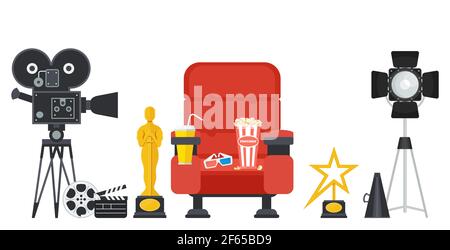 Filmregisseurstuhl mit Megaphon, Projektor, Kamera und Klappbrett Stock Vektor