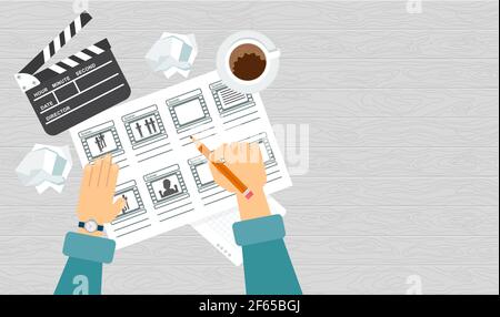Bild des Storyboarding-Prozesses. Flache Vektor-Cartoon-Illustration. Stock Vektor