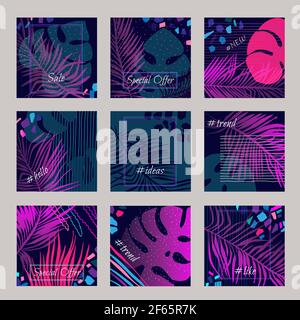 Neon Sommer quadratische Banner mit tropischen Blättern gesetzt. Vorlagen für Beiträge und Meldungen. Webbanner für den Verkauf. Doodle Vektorgrafik Stock Vektor