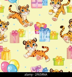 Nahtloses Muster mit Cartoon-Tigern und präsentiert auf gelbem Hintergrund. Vektor-Illustration für Party, drucken, Baby-Dusche, Tapete, Design, Einrichtung, l Stock Vektor