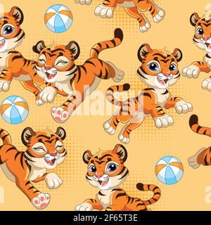 Nahtloses Muster mit fröhlichen Cartoon-Tigern und Kugeln auf orangefarbenem Hintergrund. Vektor-Illustration für Party, drucken, Baby-Dusche, Tapete, Design, deko Stock Vektor