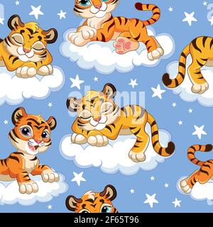 Nahtloses Muster mit träumenden Babytigern bei Nacht auf blauem Hintergrund. Vektor-Illustration für Party, drucken, Baby-Dusche, Tapete, Design, Dekor, b Stock Vektor