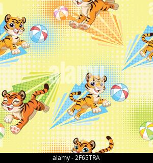 Nahtloses Muster mit fröhlichen Tigern, die mit Kugeln auf gelbem Hintergrund spielen. Vektor-Illustration für Party, drucken, Baby-Dusche, Tapete, Design, dez Stock Vektor