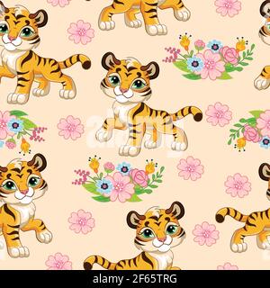 Nahtloses Muster mit Cartoon-Tigern und Blumen auf rosa Hintergrund. Vektor-Illustration für Party, drucken, Baby-Dusche, Tapete, Design, Einrichtung, Linie Stock Vektor