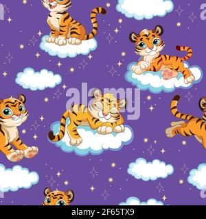 Nahtloses Muster mit träumenden Babytigern bei Nacht auf violettem Hintergrund. Vektor-Illustration für Party, drucken, Baby-Dusche, Tapete, Design, Einrichtung, Stock Vektor