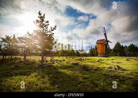 Holzwindmühle auf dem Feld mit Steinen und jungen Kiefern. Wolkig blauer Himmel und Sonne. Ländliche Landschaft von Estland. Insel Saaremaa. Stockfoto