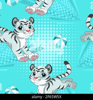 Nahtloses Muster mit weißen Tigern beim Fußballspielen auf türkisfarbenem Hintergrund. Vektor-Illustration für Party, drucken, Baby-Dusche, Tapete, Design, dez Stock Vektor