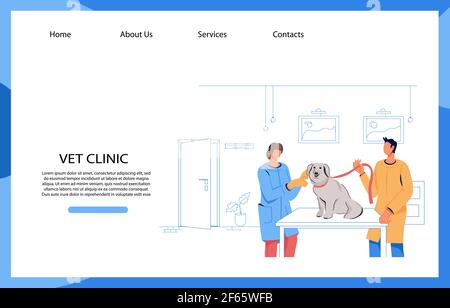 Veterinärklinik Website Vorlage mit Comic-Figuren, flache Vektor-Illustration. Tierarzt Dienstleistungen Werbung Webseite mockup mit Haustieren Besitzer Stock Vektor