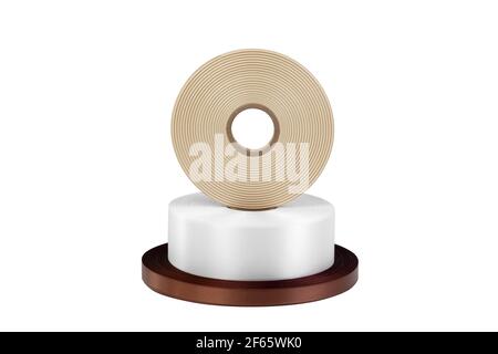 Ein Turm aus drei Rollen Seidenbänder für Etiketten oder Dekoration in weiß, dunkelbraun und beige, isoliert ohne Schatten auf weißem Hintergrund Stockfoto