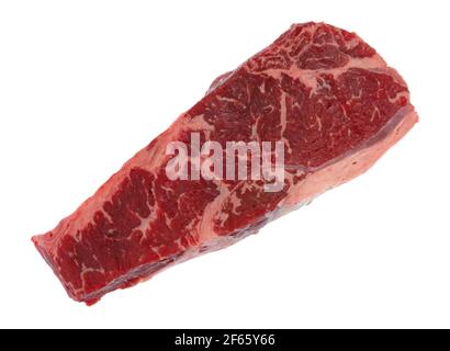 Rindslende ohne Knochen am Ende geschnitten Streifen Steak Draufsicht auf einem weißen Hintergrund. Stockfoto