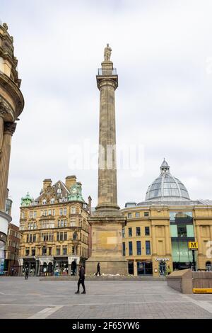 Newcastle upon Tyne Großbritannien 21st. März 2021: Grays Monument während der Aussperrung des Stadtzentrums von Newcastle während der Pandemie von 2021 Stockfoto