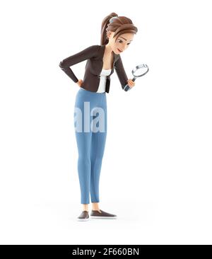 3D Zeichentrickfilm Frau Blick durch Lupe, Illustration isoliert auf weißem Hintergrund Stockfoto