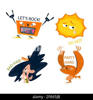 Retro Cartoon lustige Aufkleber Set Vektor Illustration. Stock Vektor