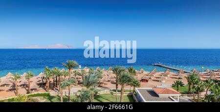 Luftaufnahme des Luxus-Resort-Strandes mit Palmen in Strand am Roten Meer Stockfoto