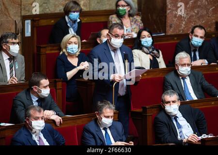 Paris, Frankreich. März 2021, 30th. LR-Stellvertreter Alain Ramadier während einer Fragestunde an die Regierung am 30. März 2021 in der Nationalversammlung in Paris. Foto von Raphael Lafargue/ABACAPRESS.COM Quelle: Abaca Press/Alamy Live News Stockfoto