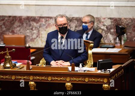 Paris, Frankreich. März 2021, 30th. Präsident der französischen Nationalversammlung Richard Ferrand während einer Fragestunde an die Regierung am 30. März 2021 in der Nationalversammlung in Paris. Foto von Raphael Lafargue/ABACAPRESS.COM Quelle: Abaca Press/Alamy Live News Stockfoto