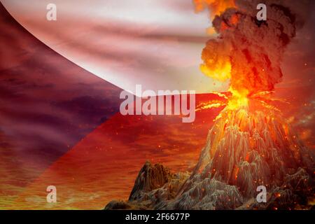 Vulkanausbruch bei Nacht mit Explosion auf tschechischem Flaggenhintergrund, Katastrophenproblemen und vulkanischem Erdbeben Konzept - 3D Illustration von n Stockfoto