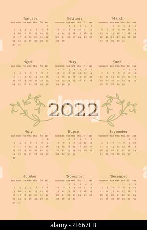 2022 Kalender in zarten natürlichen trendigen Stil mit botanischen Blumen von Hand gezeichneten Zweig Blätter dekoriert. Vertikales Format. Hell pastellgrün Farbe. Woche beginnt am Sonntag. Stock Vektor