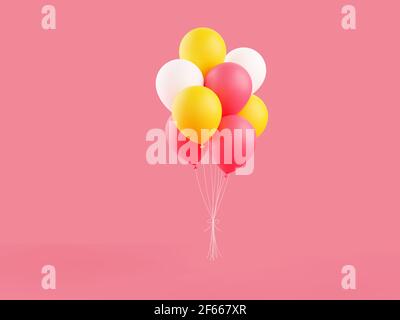 Bunte Luftballons 3d-Darstellung auf rosa Hintergrund. Stockfoto