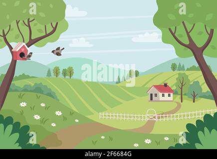 Landschaft im Frühling mit Haus, Bäumen und Vögeln. Niedliche Vektorgrafiken in flachem Stil Stock Vektor