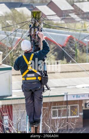 Ein Telefoningenieur, der auf einer Leiter steht, die oben an einem Telegrafenmast arbeitet. Es ist ein sonniger Tag und hinter ihm treten Dächer in die Ferne zurück. Stockfoto