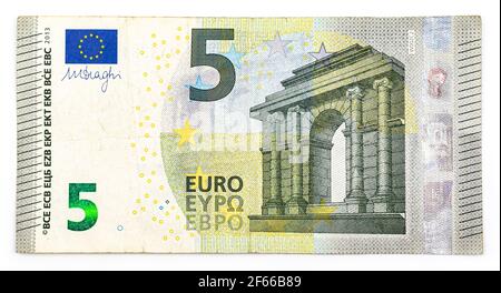 Banknote in fünf Euro Geld Nahaufnahme und hohe Qualität Stockfoto