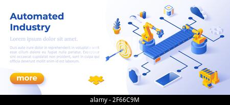 AUTOMATISIERTE INDUSTRIE - Isometrisches Design in trendigen Farben Isometrische Symbole auf blauem Hintergrund. Banner Layout Vorlage für Website-Entwicklung Stock Vektor