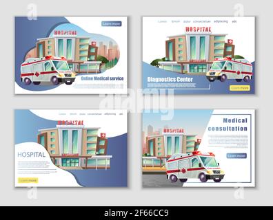 Banner Banner Banner im Cartoon-Stil mit Krankenhausgebäude und Krankenwagen gesetzt. Medizinische Beratung, diagnostische Zentrum Banner Stock Vektor