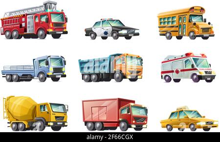 Vektor Cartoon Stil Sammlung von Autos: Feuerwehr, Polizeiauto, Schulbus, LKW, Krankenwagen, Betonmischer, Taxi. Isoliert auf weißem Hintergrund. Stock Vektor