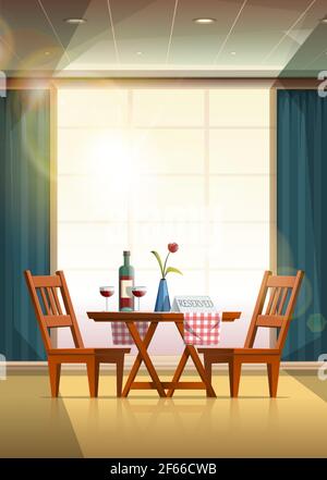 Vector Cartoon-Stil Restaurant romantischen Tisch mit Wein und reservierten Zeichen. Stock Vektor