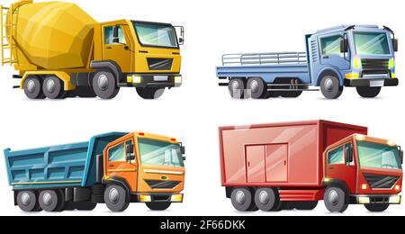 Vector Cartoon Stil Sammlung von bunten Kinder LKW. Isoliert auf weißem Hintergrund. Stock Vektor