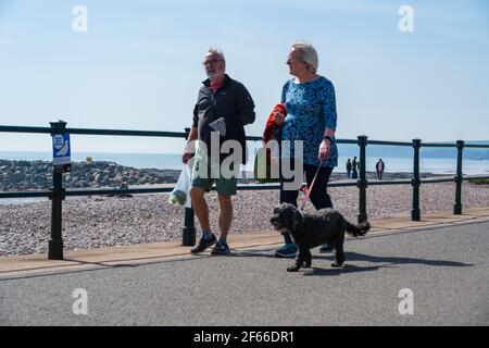Sidmouth, Devon, Großbritannien. März 2021, 30th. Wetter in Großbritannien: Die Menschen strömen in den Badeort Sidmouth, Devon, um die herrliche Sonne zu genießen, während die Südküste vor dem Osterfeiertagswochenende in einer Mini-März-Hitzewelle sonnt. Man sah die Leute an diesem Nachmittag entlang der hübschen Esplanade spazieren gehen und die heiße Sonne im hübschen Regency Resort genießen. Kredit: Celia McMahon/Alamy Live Nachrichten Stockfoto